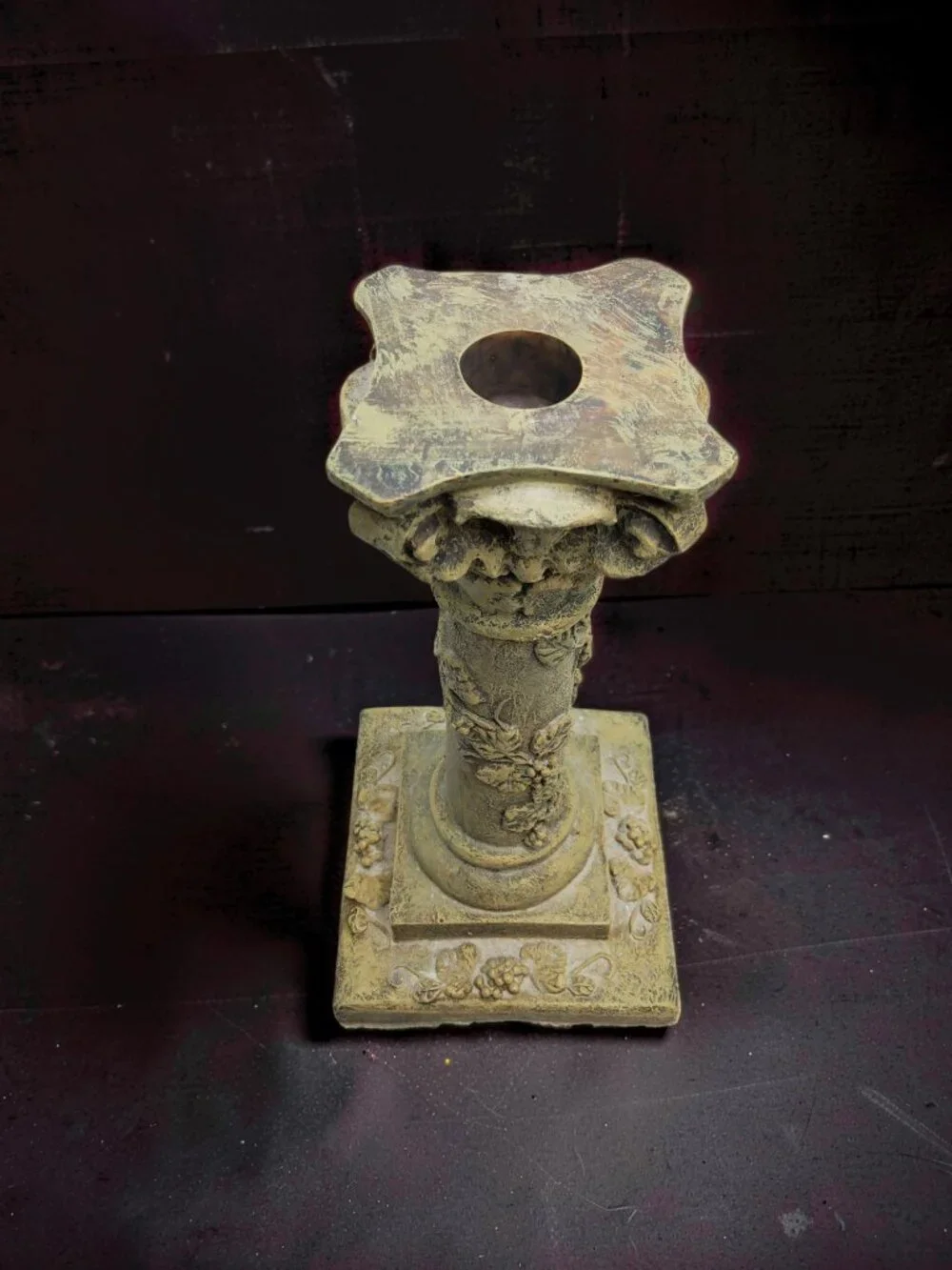 vintage antiqued resin column grape vine design candle stick holder
